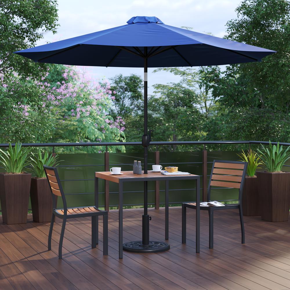 5 Piece Patio Set-2 Stacking Chairs, 35" Table, Navy Umbrella, Base. Picture 2