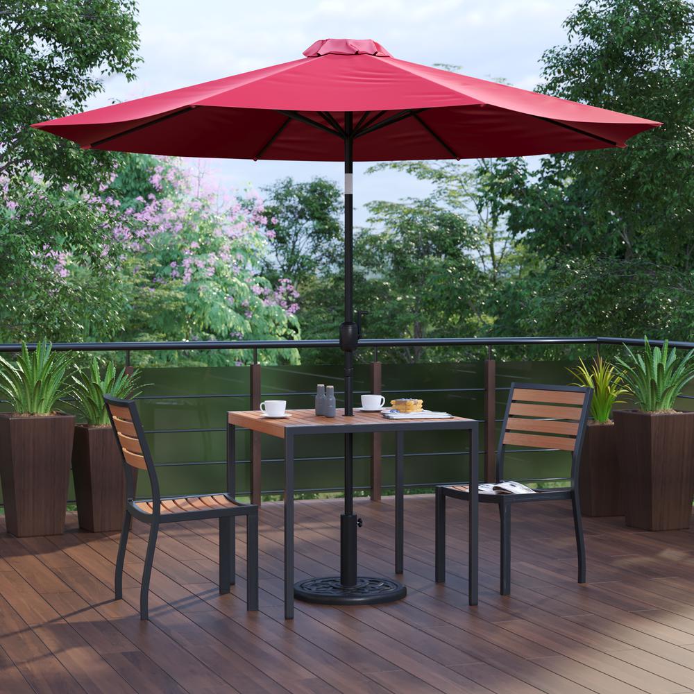 5 Piece All-Weather Deck or Patio Set with 2 Stacking Faux Teak Chairs, 35" Square Faux Teak Table, Red Umbrella & Base. Picture 2
