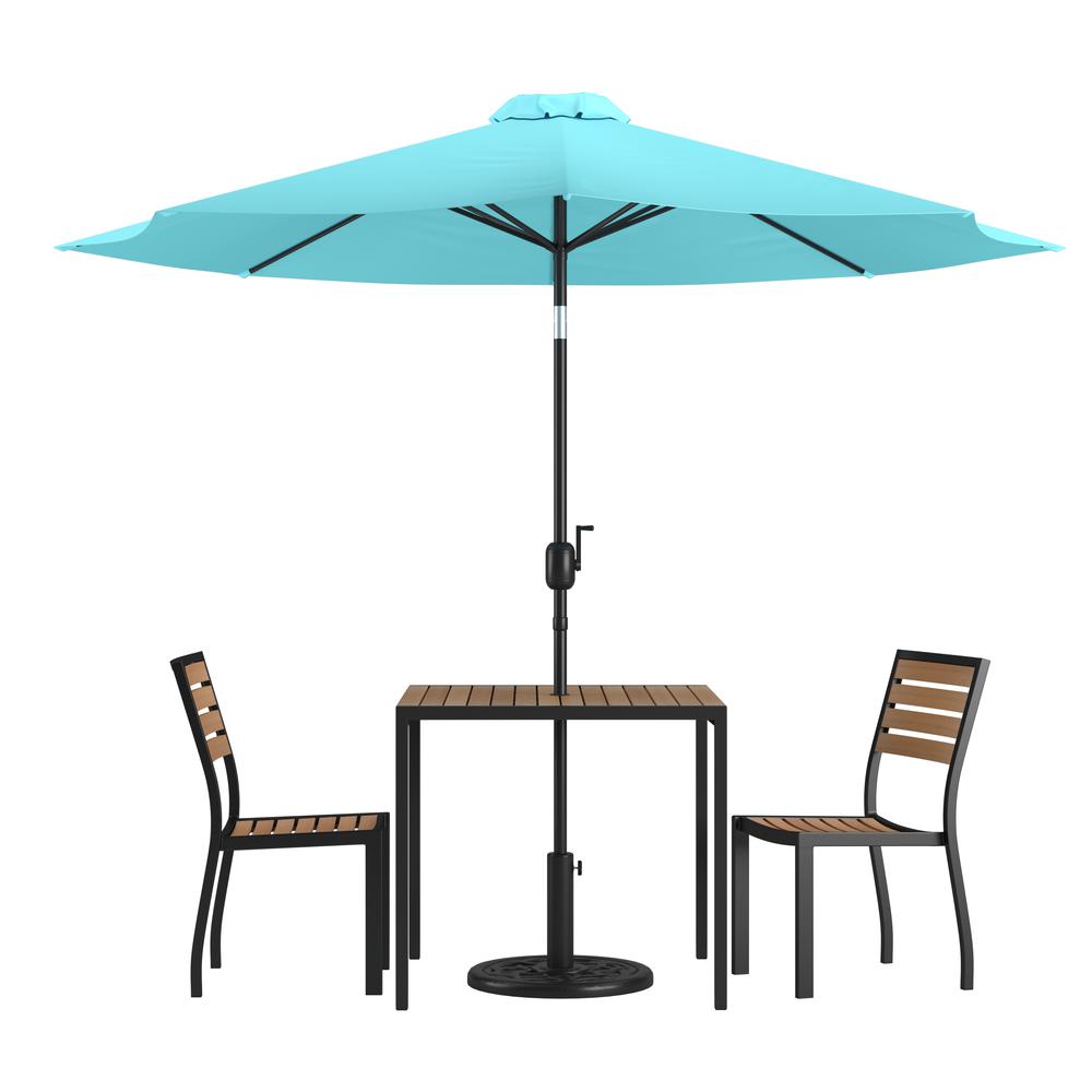 5 Piece Patio Set-2 Stacking Chairs, 35" Table, Teal Umbrella, Base. Picture 1