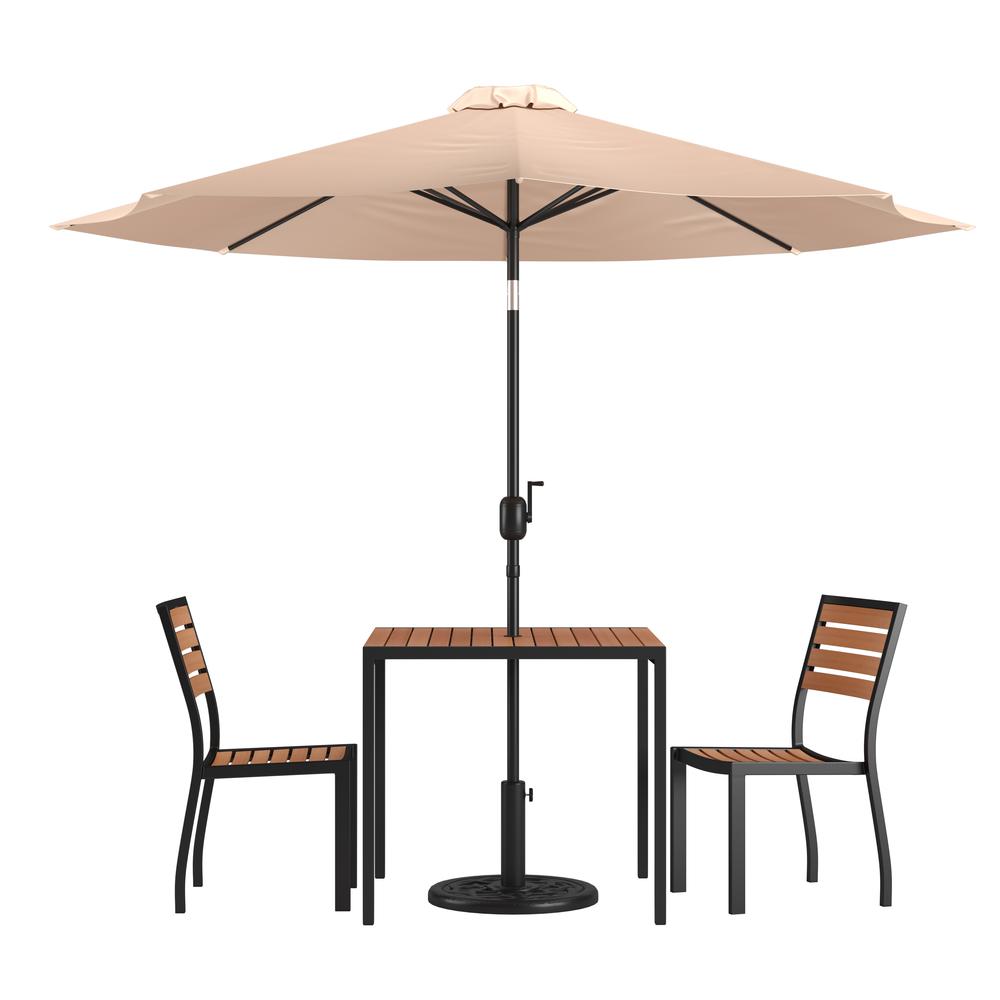 5 Piece Patio Set - 2 Stacking Chairs, 35" Table, Tan Umbrella, Base. Picture 1