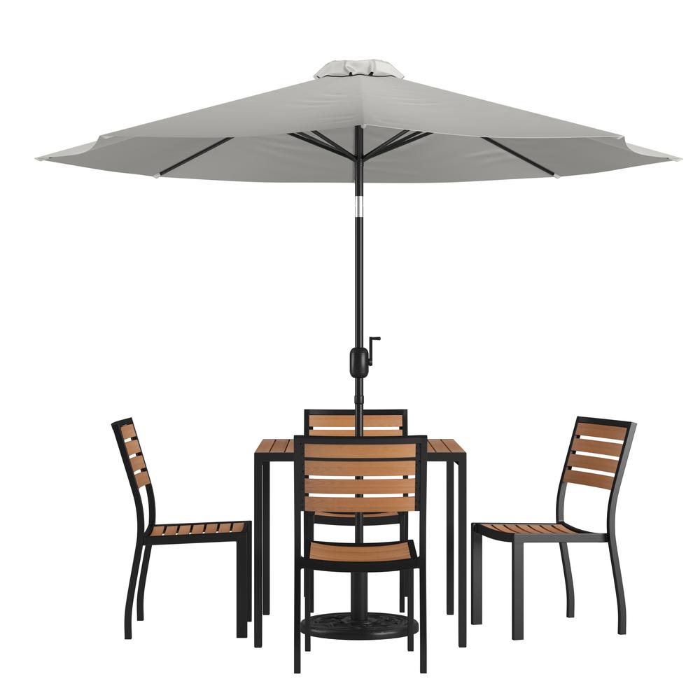 7 Piece Patio Set-4 Stacking Chairs, 35" Table, Gray Umbrella, Base. Picture 1
