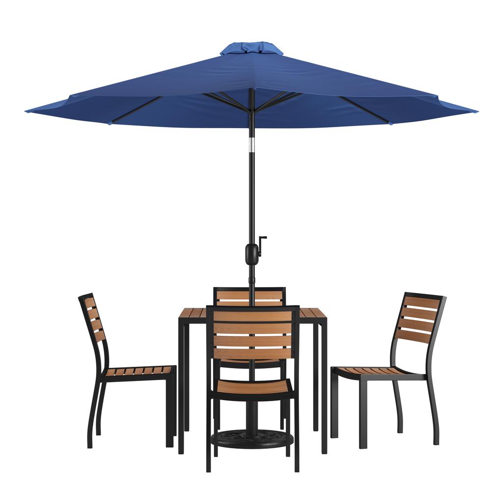 7 Piece Patio Set-4 Stacking Chairs, 35" Table, Navy Umbrella, Base. Picture 1
