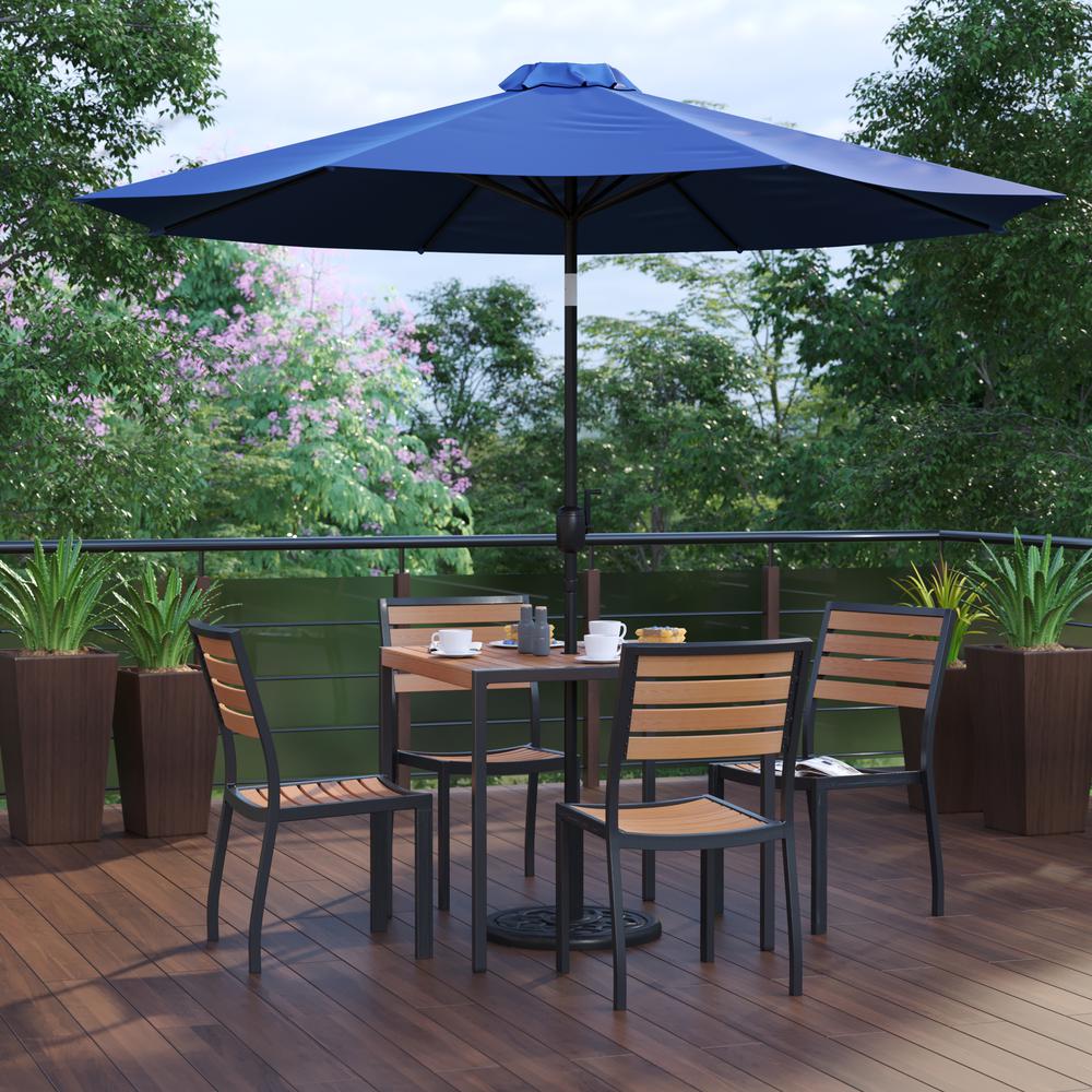 7 Piece Patio Set-4 Stacking Chairs, 35" Table, Navy Umbrella, Base. Picture 2