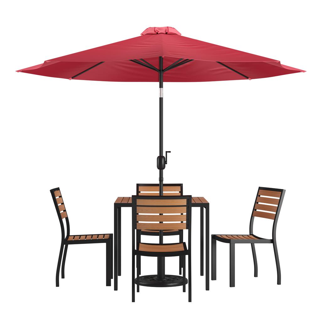 7 Piece Patio Set - 4 Stacking Chairs, 35" Table, Red Umbrella, Base. Picture 1
