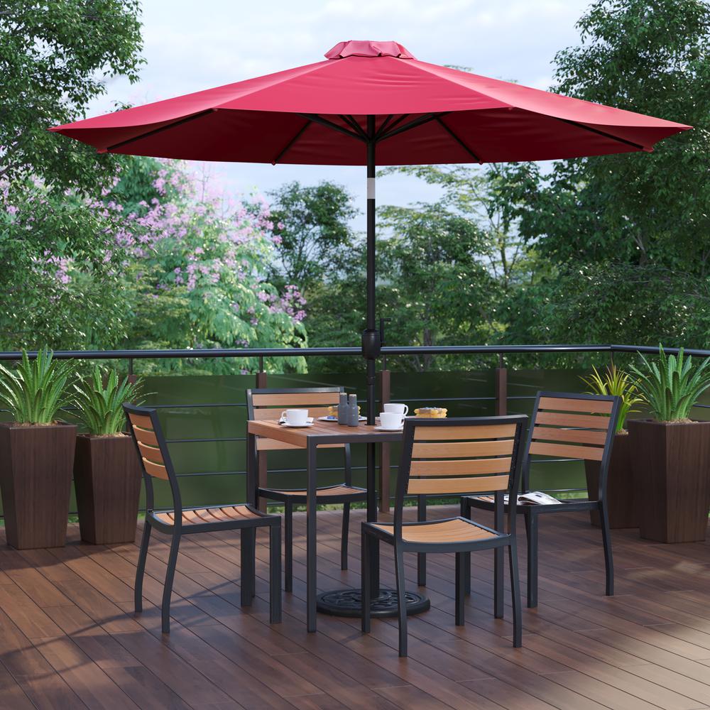 7 Piece Patio Set - 4 Stacking Chairs, 35" Table, Red Umbrella, Base. Picture 2