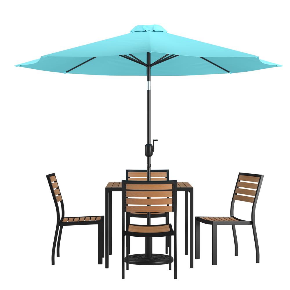 7 Piece Patio Set-4 Stacking Chairs, 35" Table, Teal Umbrella, Base. Picture 1
