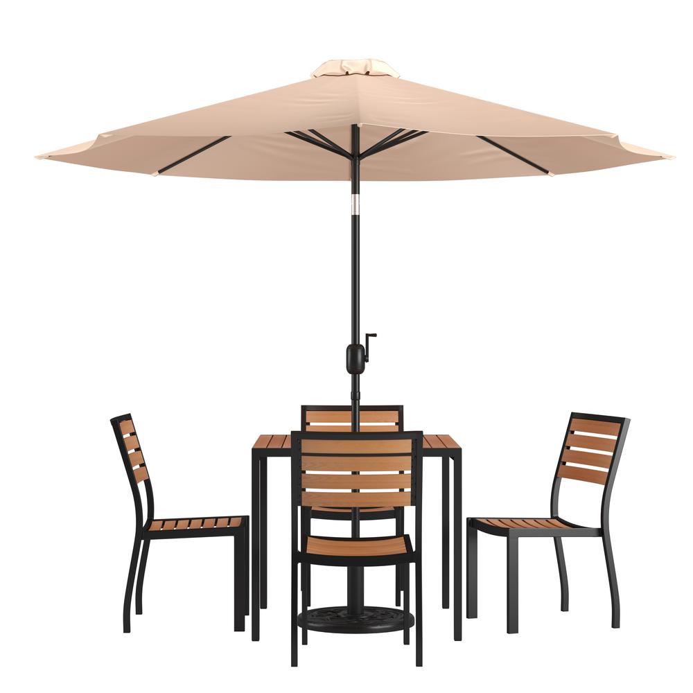 7 Piece Patio Set - 4 Stacking Chairs, 35" Table, Tan Umbrella, Base. Picture 1