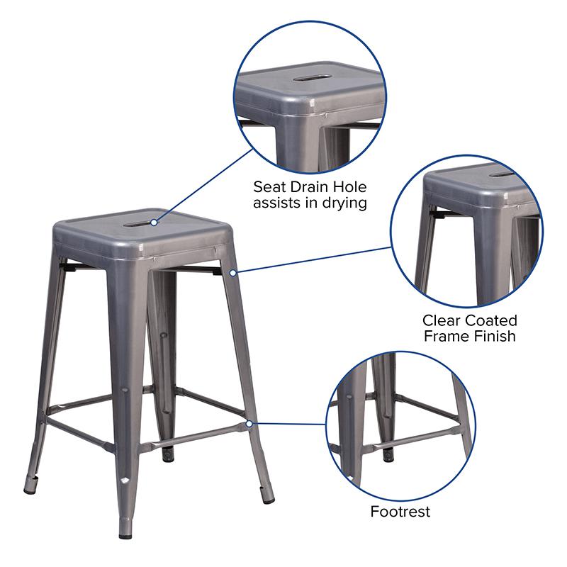 24'' High Backless Clear Coated Metal Indoor Counter Height Stool with Seat. Picture 4
