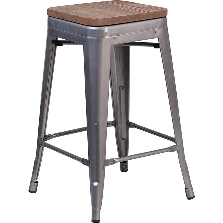 24" High Backless Clear Coated Metal Counter Height Stool with Square Wood Seat. Picture 1