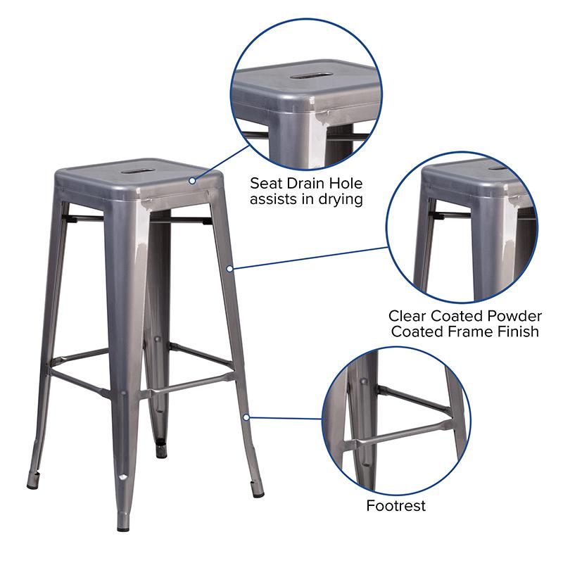 30'' High Backless Clear Coated Metal Indoor Barstool with Square Seat. Picture 4