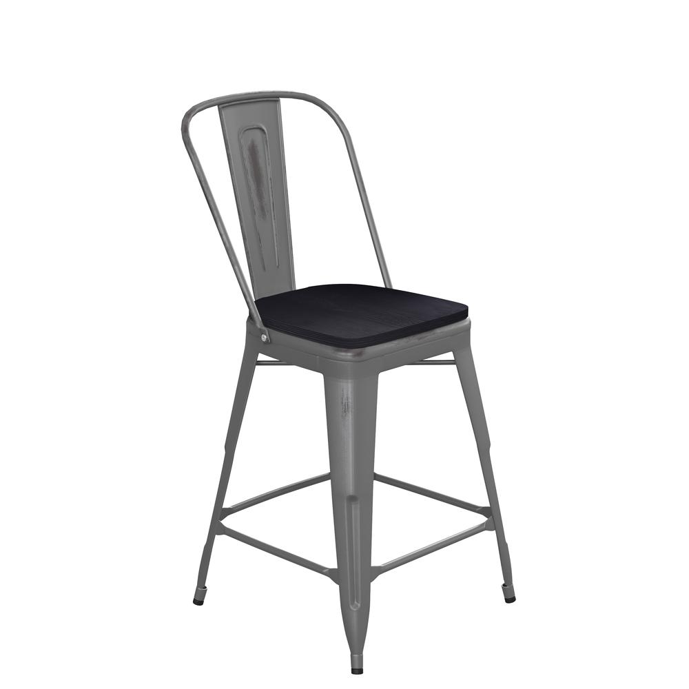 Lincoln 24'' High Clear Coated Indoor Counter Height Stool with Back and Black Poly Resin Wood Seat. Picture 2