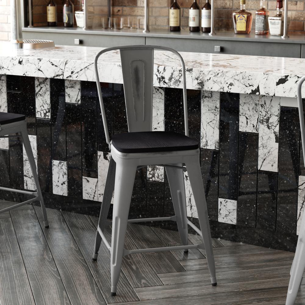 Lincoln 24'' High Clear Coated Indoor Counter Height Stool with Back and Black Poly Resin Wood Seat. Picture 8