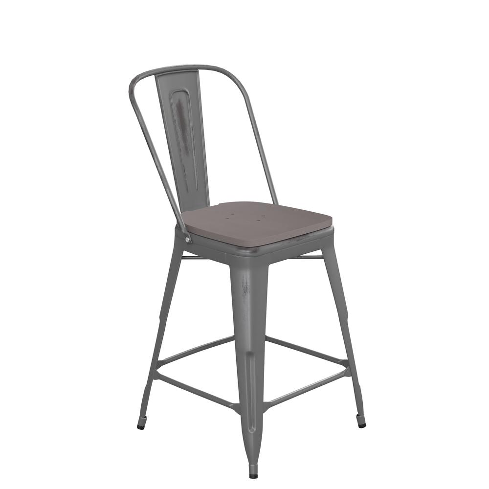 24'' High Clear Coated Indoor Counter Height Stool and Gray Poly Resin Wood Seat. Picture 2