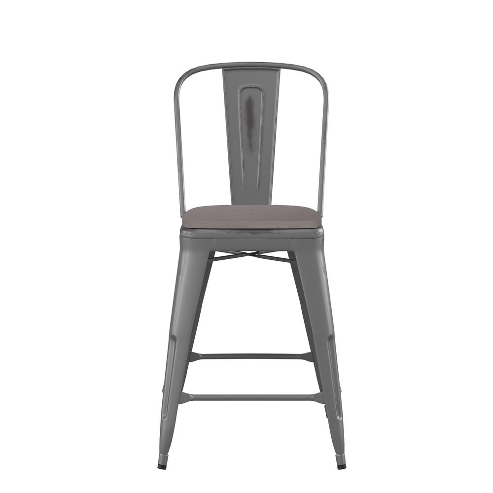 24'' High Clear Coated Indoor Counter Height Stool and Gray Poly Resin Wood Seat. Picture 11