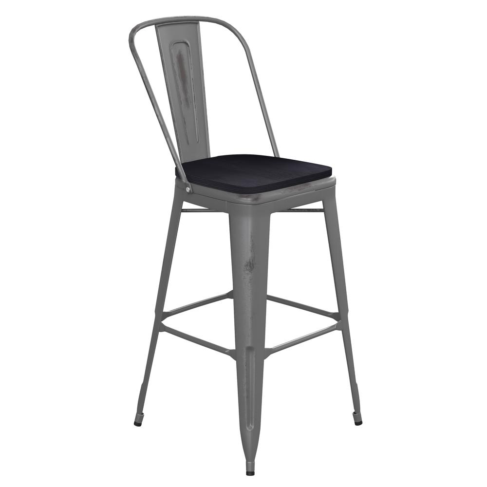 30'' High Clear Coated Indoor Barstool with Back and Black Poly Resin Wood Seat. Picture 2