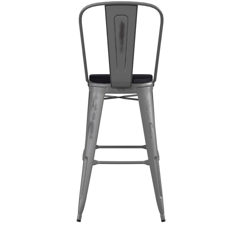 30'' High Clear Coated Indoor Barstool with Back and Black Poly Resin Wood Seat. Picture 9