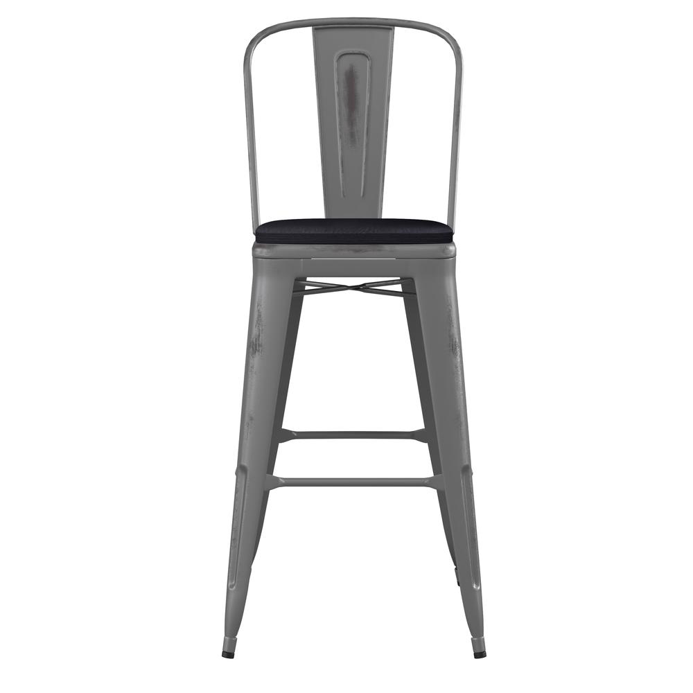 30'' High Clear Coated Indoor Barstool with Back and Black Poly Resin Wood Seat. Picture 11