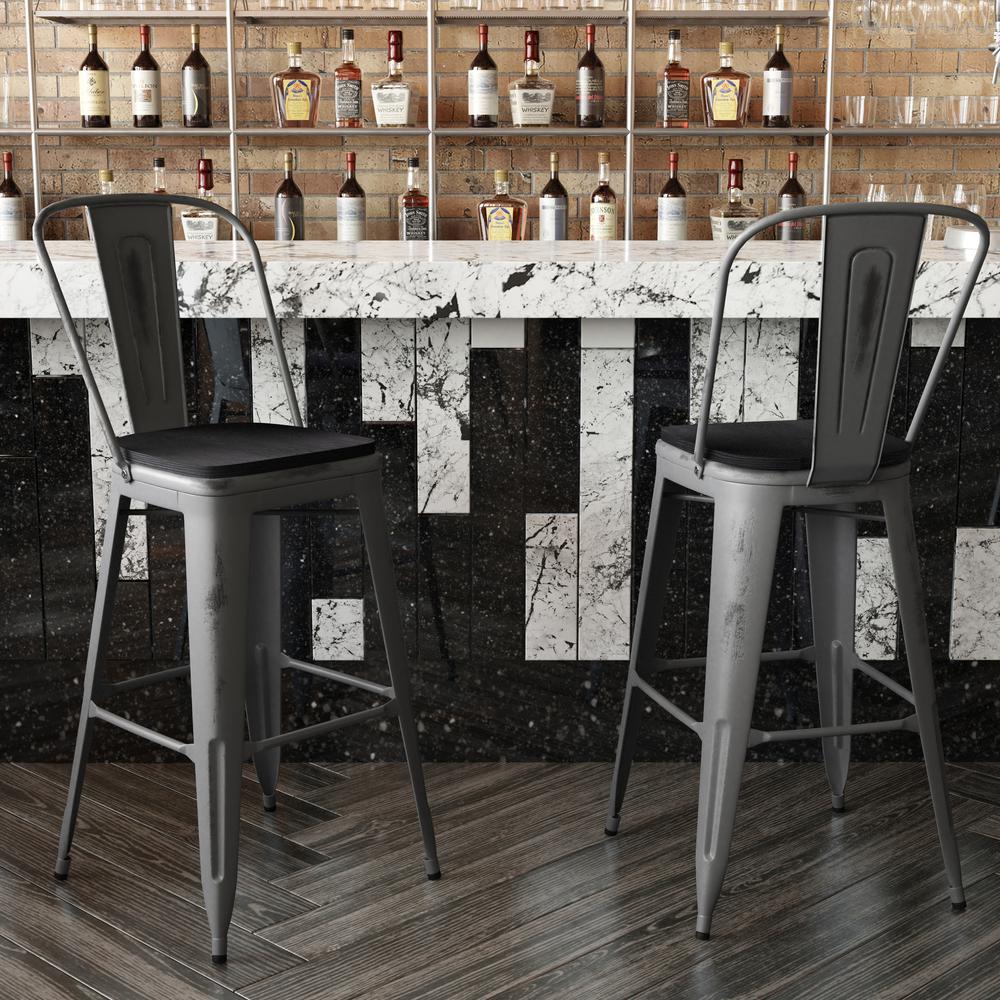 30'' High Clear Coated Indoor Barstool with Back and Black Poly Resin Wood Seat. Picture 7