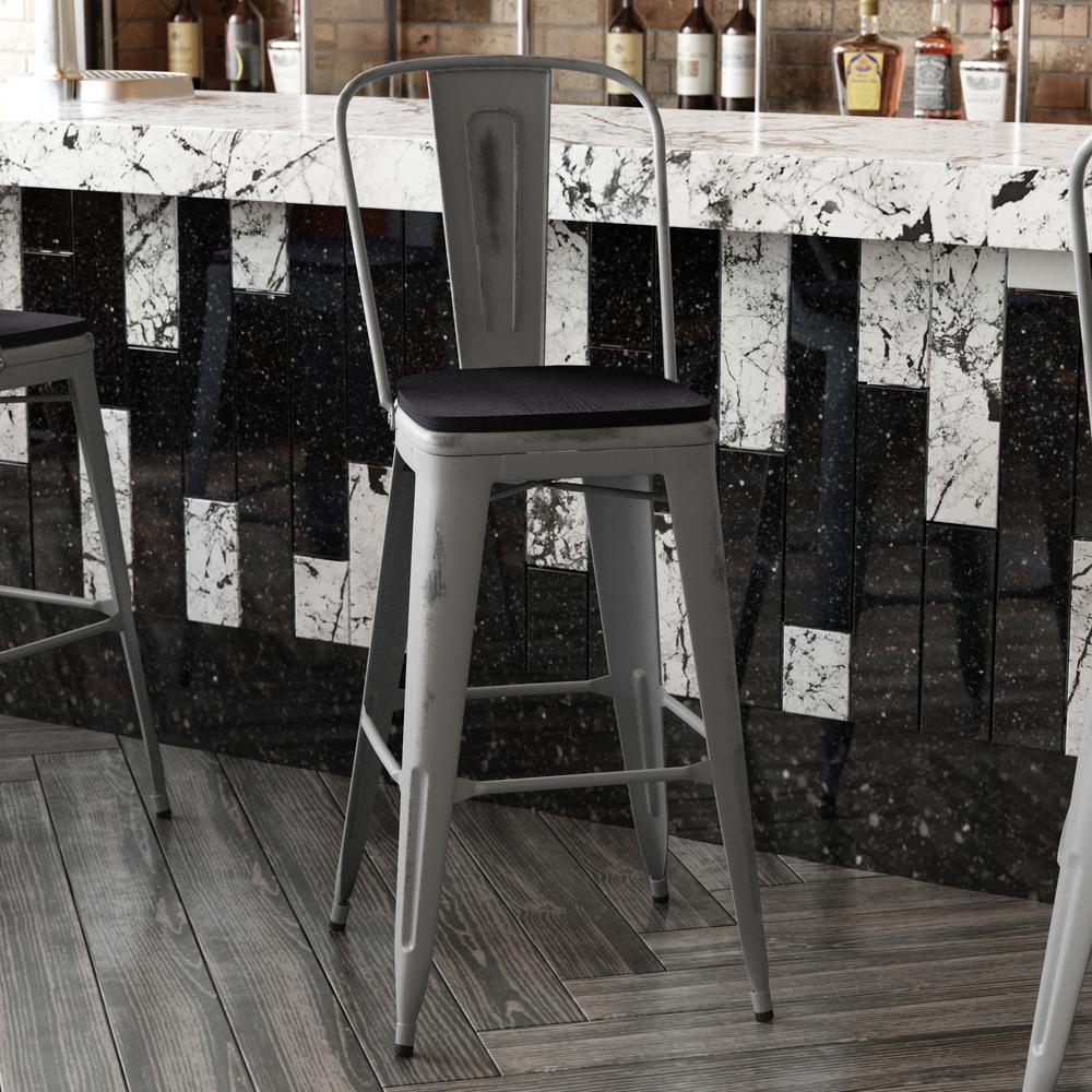 30'' High Clear Coated Indoor Barstool with Back and Black Poly Resin Wood Seat. Picture 8
