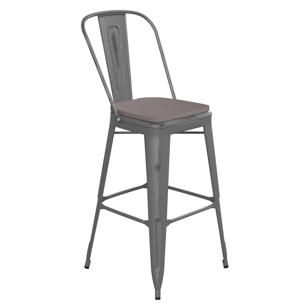 30'' High Clear Coated Indoor Barstool with Back and Gray Poly Resin Wood Seat. Picture 2