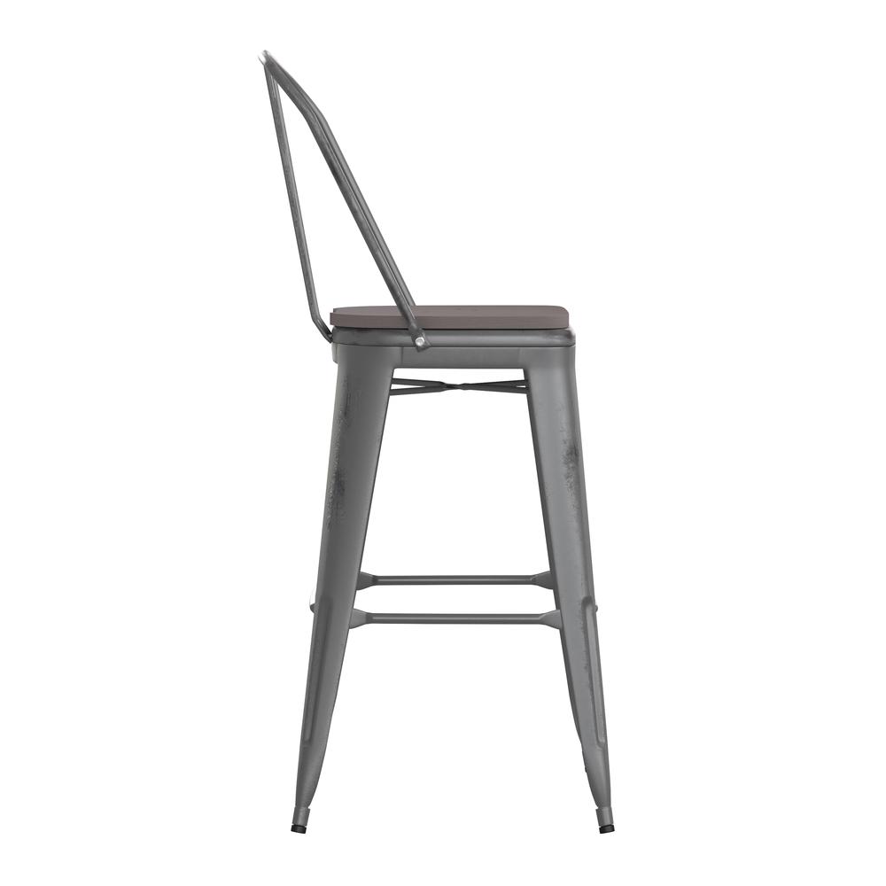 30'' High Clear Coated Indoor Barstool with Back and Gray Poly Resin Wood Seat. Picture 10