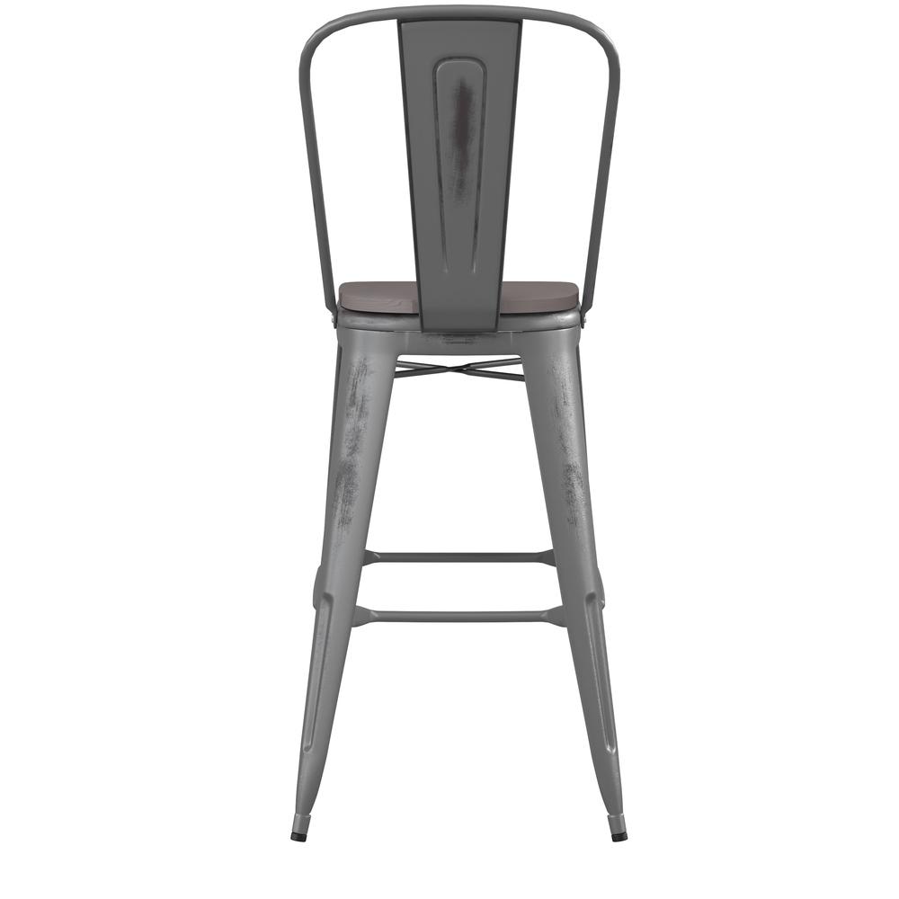 30'' High Clear Coated Indoor Barstool with Back and Gray Poly Resin Wood Seat. Picture 9
