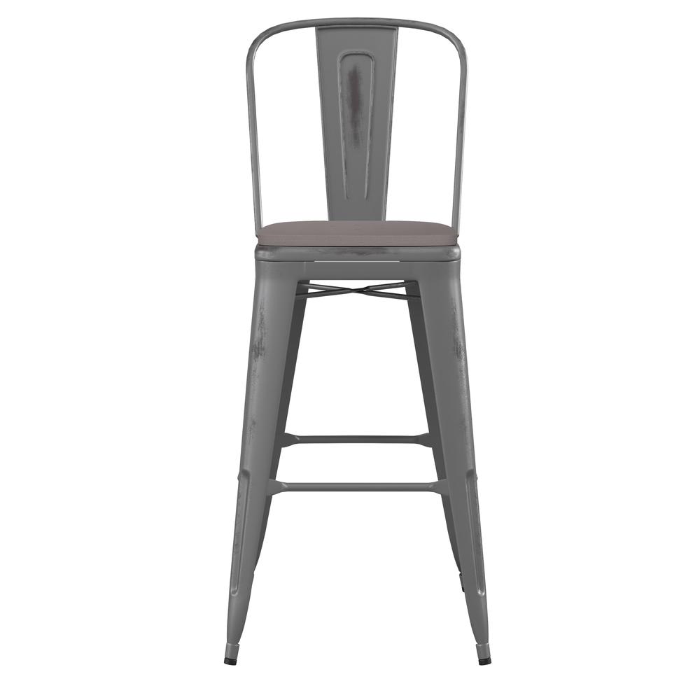 30'' High Clear Coated Indoor Barstool with Back and Gray Poly Resin Wood Seat. Picture 11