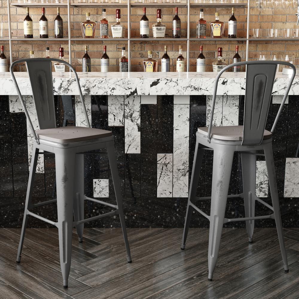 30'' High Clear Coated Indoor Barstool with Back and Gray Poly Resin Wood Seat. Picture 7