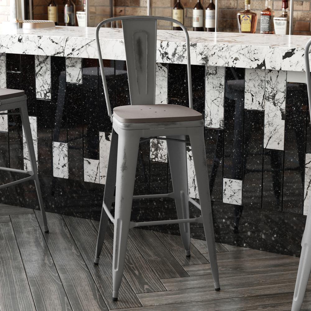 30'' High Clear Coated Indoor Barstool with Back and Gray Poly Resin Wood Seat. Picture 8