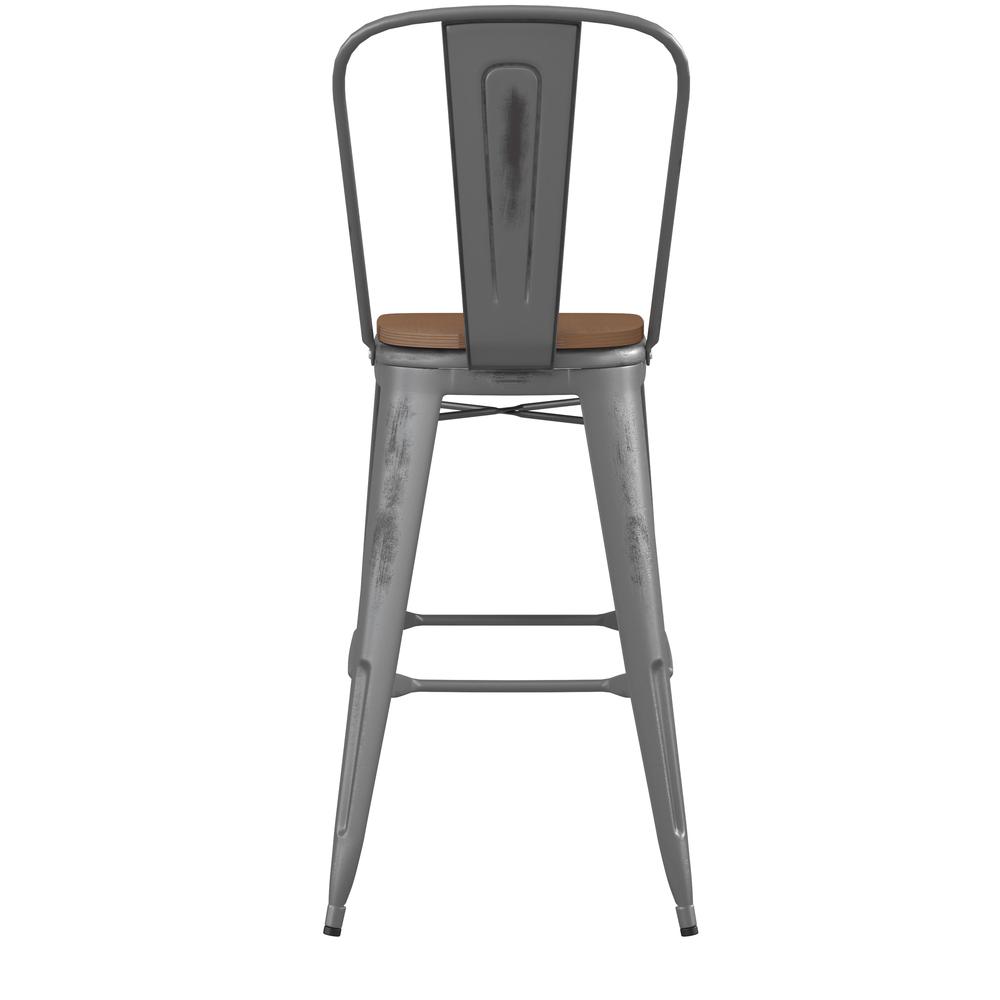 30'' High Clear Coated Indoor Barstool with Back and Teak Poly Resin Wood Seat. Picture 9