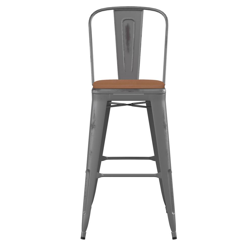 30'' High Clear Coated Indoor Barstool with Back and Teak Poly Resin Wood Seat. Picture 11