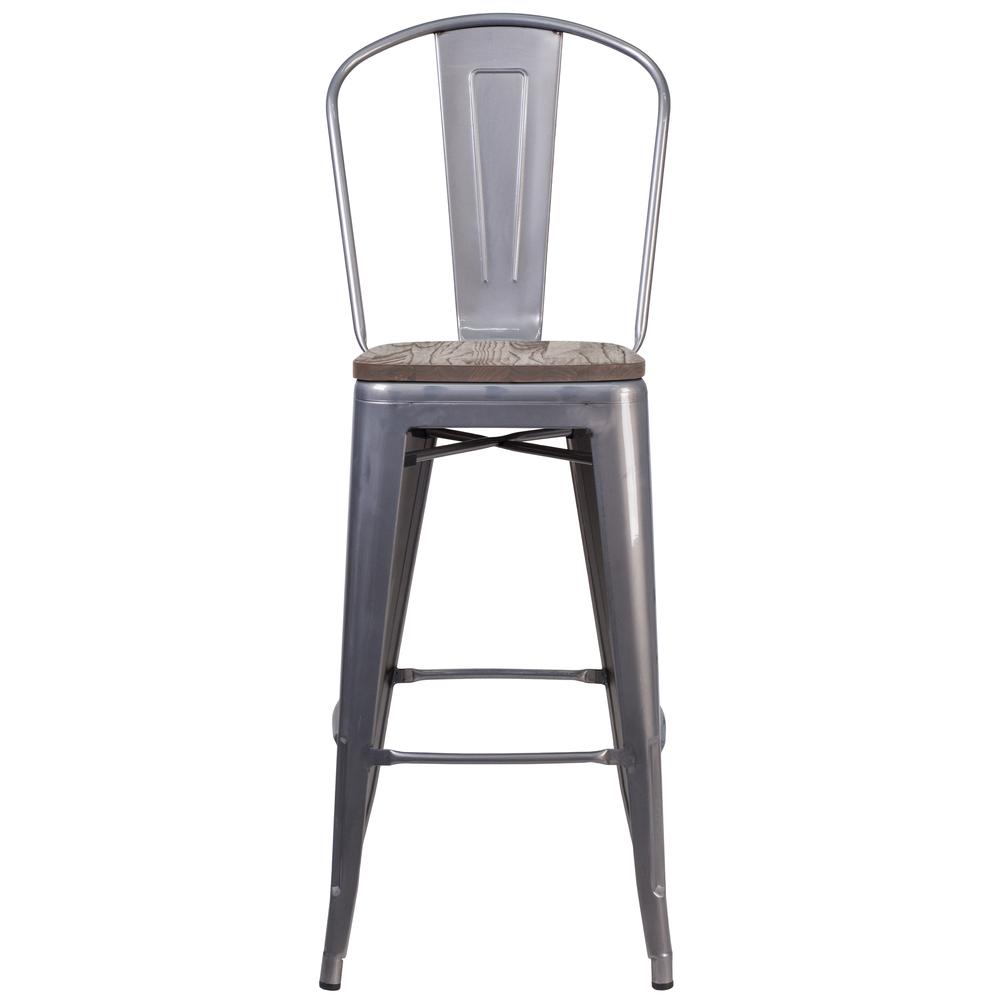 30" High Clear Coated Barstool with Back and Wood Seat. Picture 4
