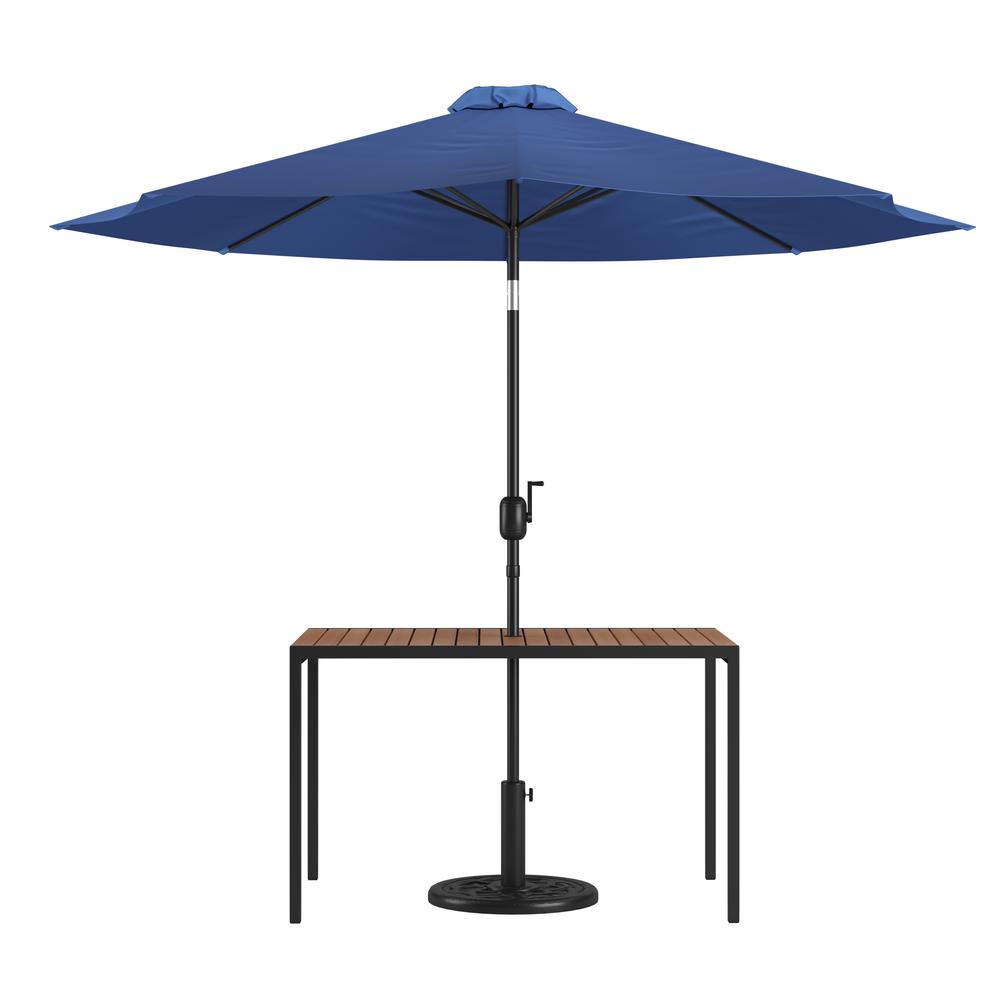 3 Piece Patio Table Set - 30" x 48" Patio Table with Navy Umbrella and Base. Picture 1