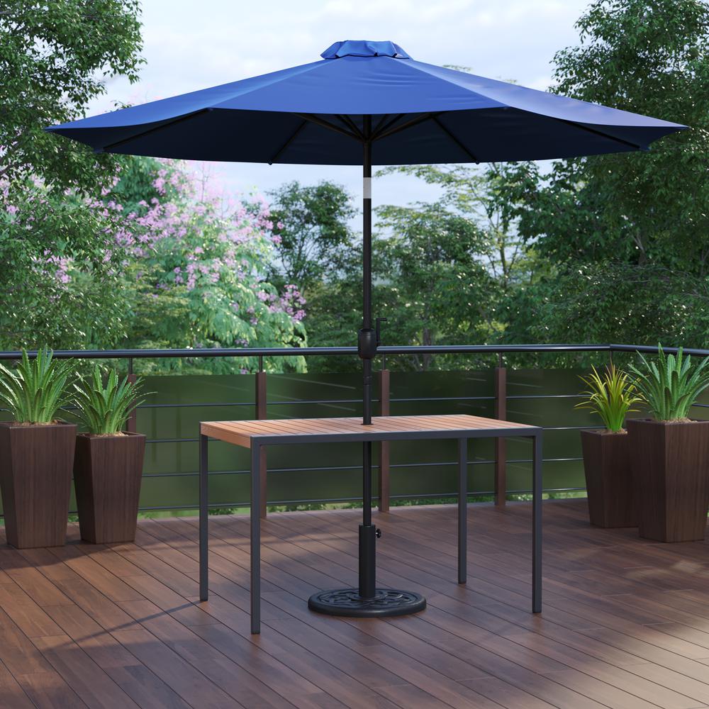 3 Piece Patio Table Set - 30" x 48" Patio Table with Navy Umbrella and Base. Picture 2