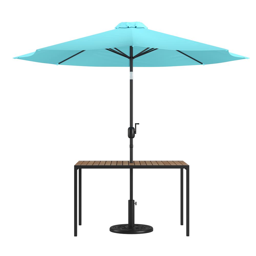 3 Piece Patio Table Set - 30" x 48" Patio Table with Teal Umbrella and Base. Picture 1