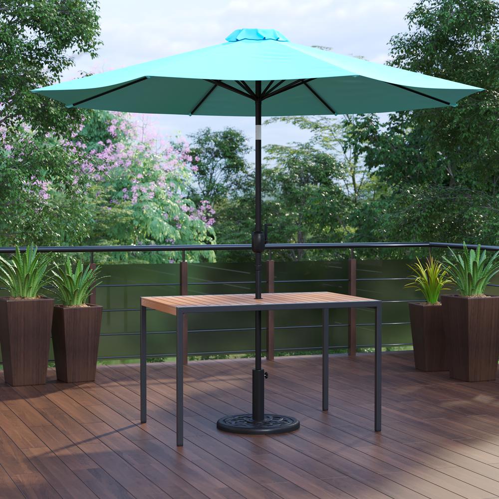 3 Piece Patio Table Set - 30" x 48" Patio Table with Teal Umbrella and Base. Picture 2