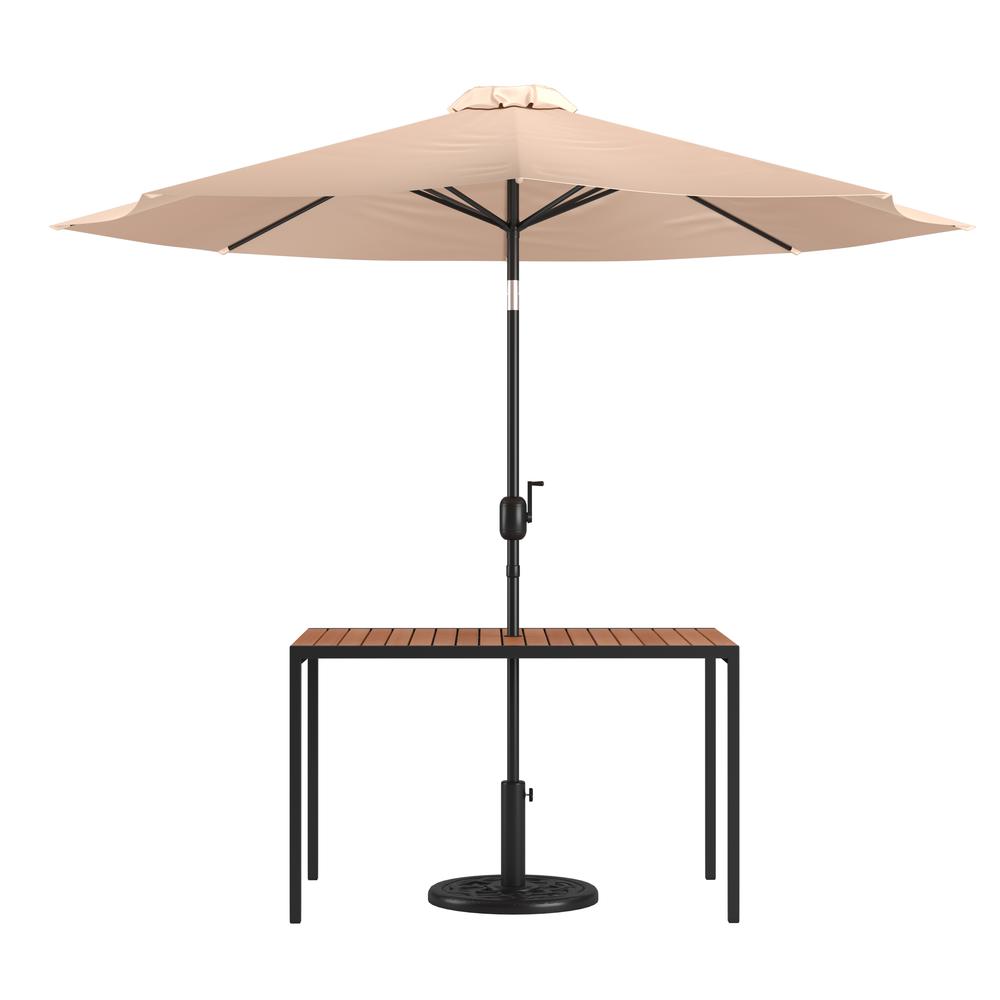 3 Piece Outdoor Patio Table Set - 30" x 48" Square Synthetic Teak Patio Table with Tan Umbrella and Base. The main picture.