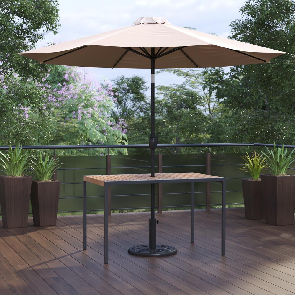 3 Piece Outdoor Patio Table Set - 30" x 48" Square Synthetic Teak Patio Table with Tan Umbrella and Base. Picture 2