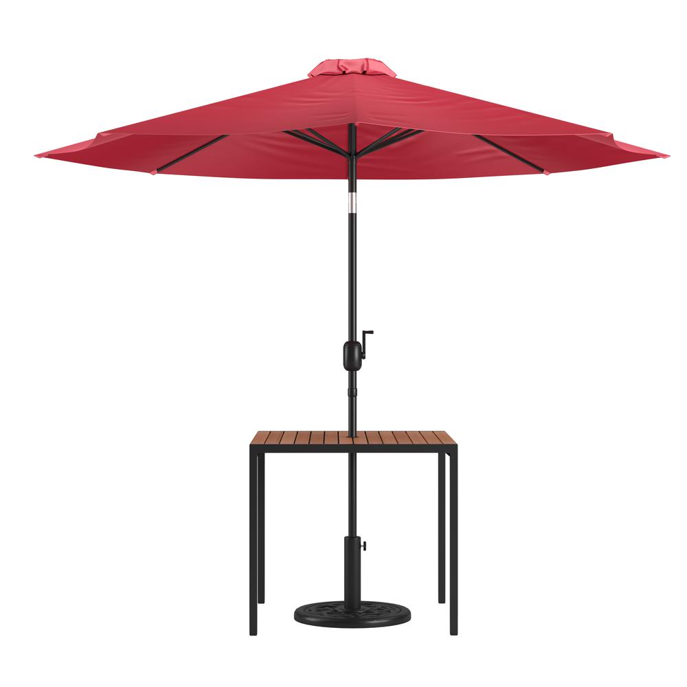 3 Piece Patio Table Set - 35" Patio Table with Red Umbrella and Base. Picture 1