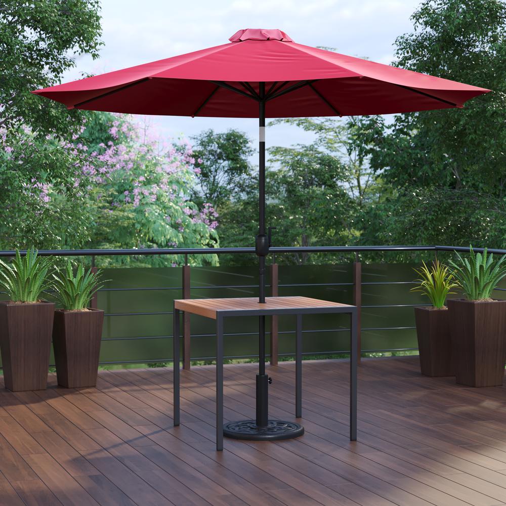 3 Piece Patio Table Set - 35" Patio Table with Red Umbrella and Base. Picture 2