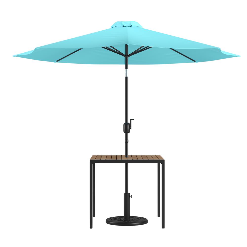 3 Piece Patio Table Set - 35" Patio Table with Teal Umbrella and Base. Picture 1