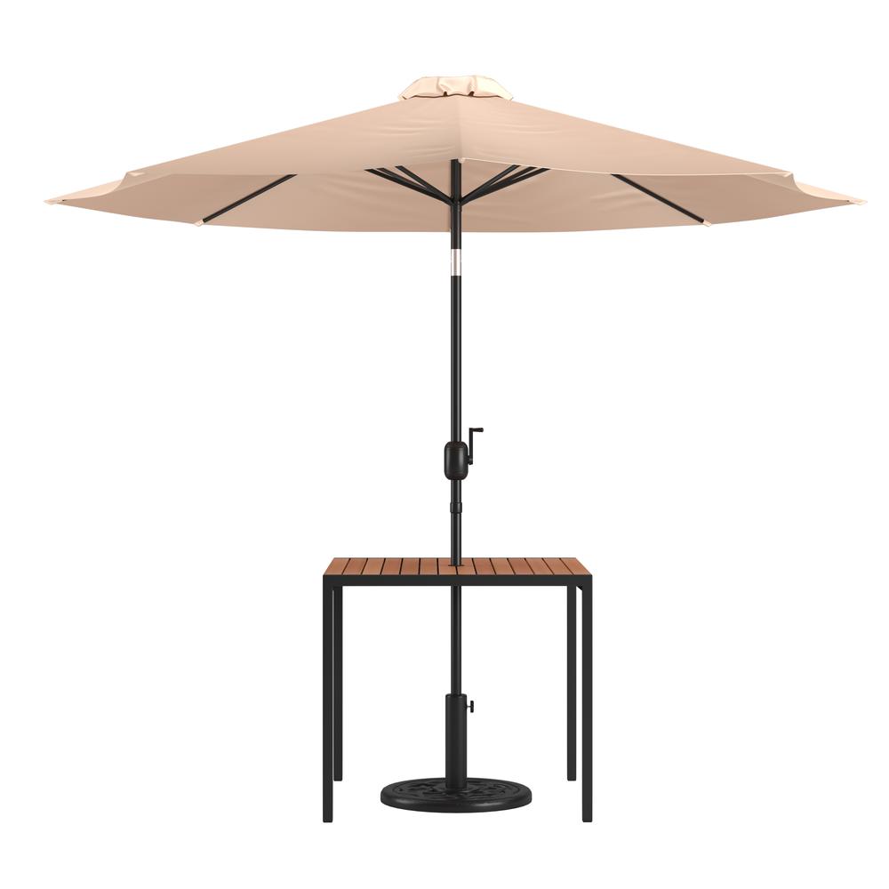 3 Piece Patio Table Set - 35" Patio Table and Tan Umbrella with Base. Picture 1