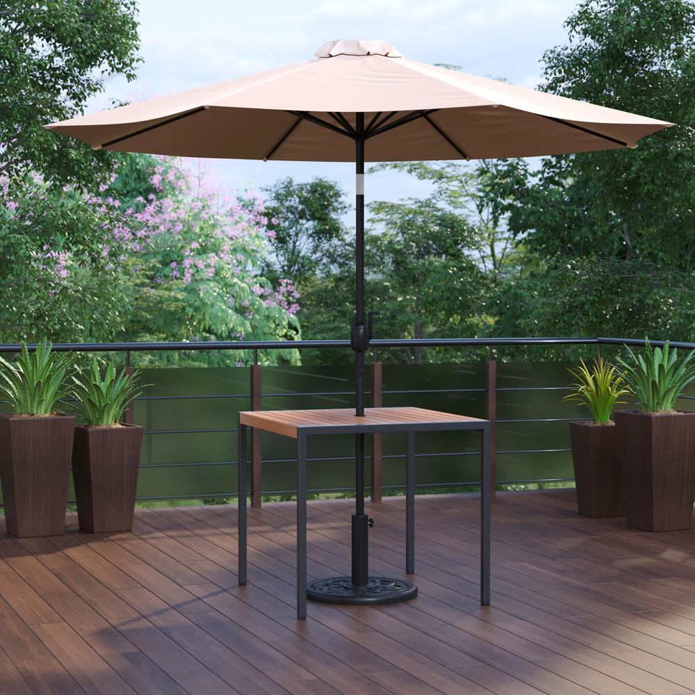 3 Piece Patio Table Set - 35" Patio Table and Tan Umbrella with Base. Picture 2