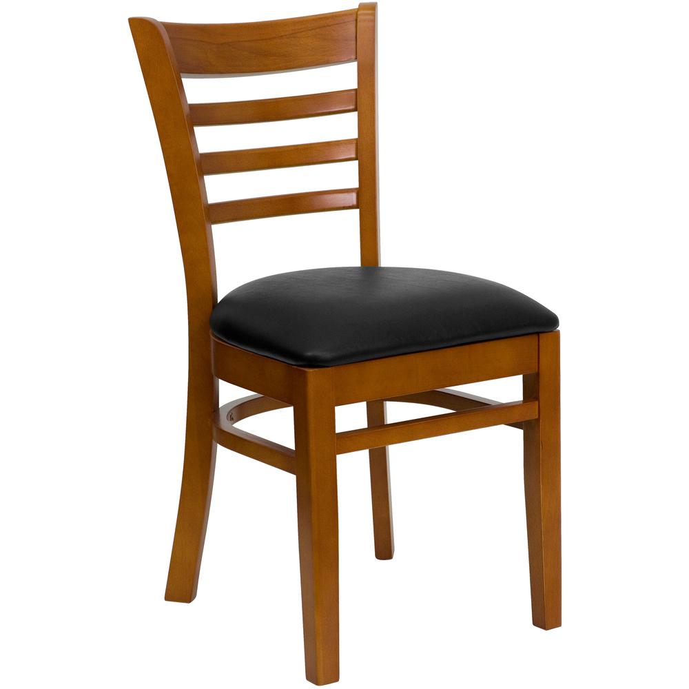 Ladder Back Cherry Wood Restaurant Chair - Black Vinyl Seat. Picture 1