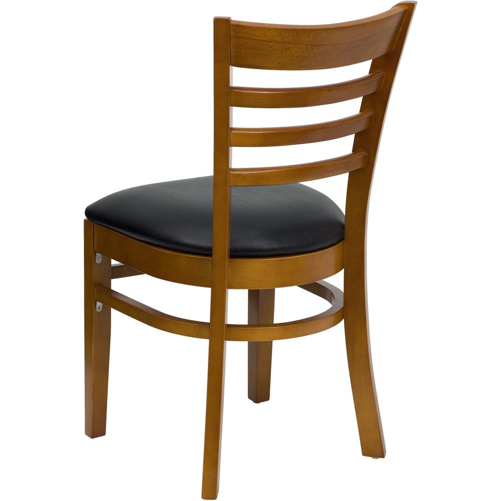 Ladder Back Cherry Wood Restaurant Chair - Black Vinyl Seat. Picture 3