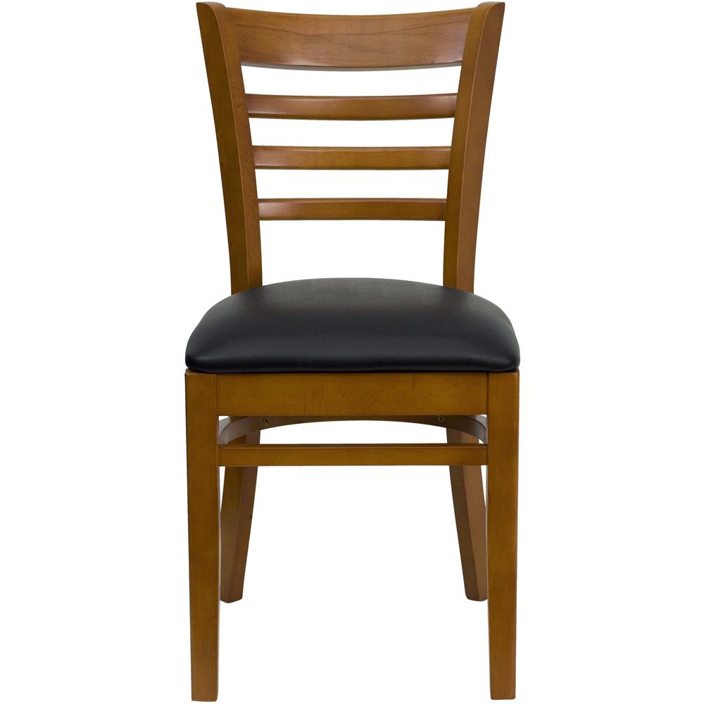 Ladder Back Cherry Wood Restaurant Chair - Black Vinyl Seat. Picture 4