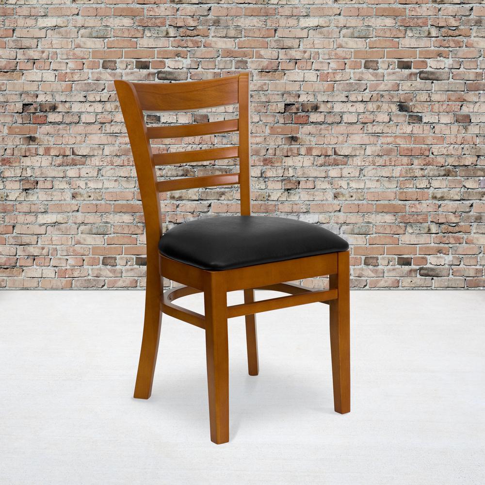 Ladder Back Cherry Wood Restaurant Chair - Black Vinyl Seat. Picture 5