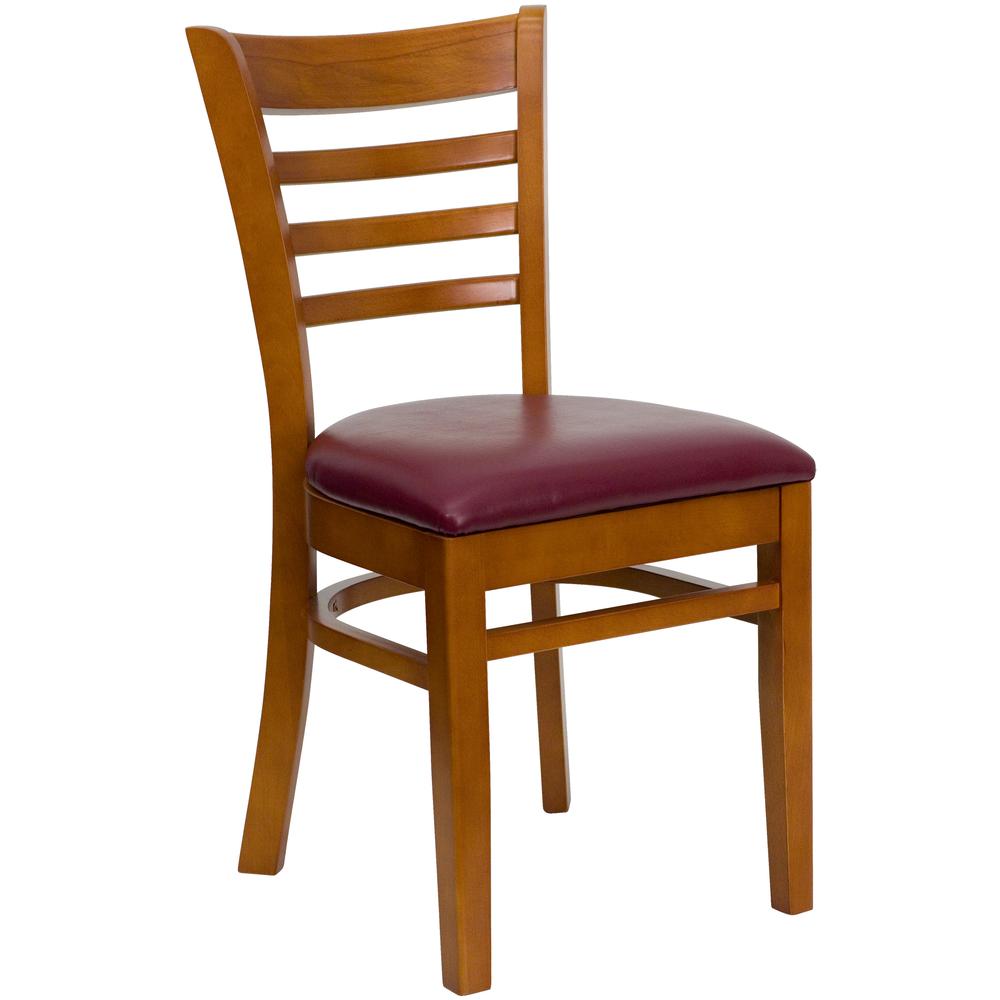 Ladder Back Cherry Wood Restaurant Chair - Burgundy Vinyl Seat. Picture 1