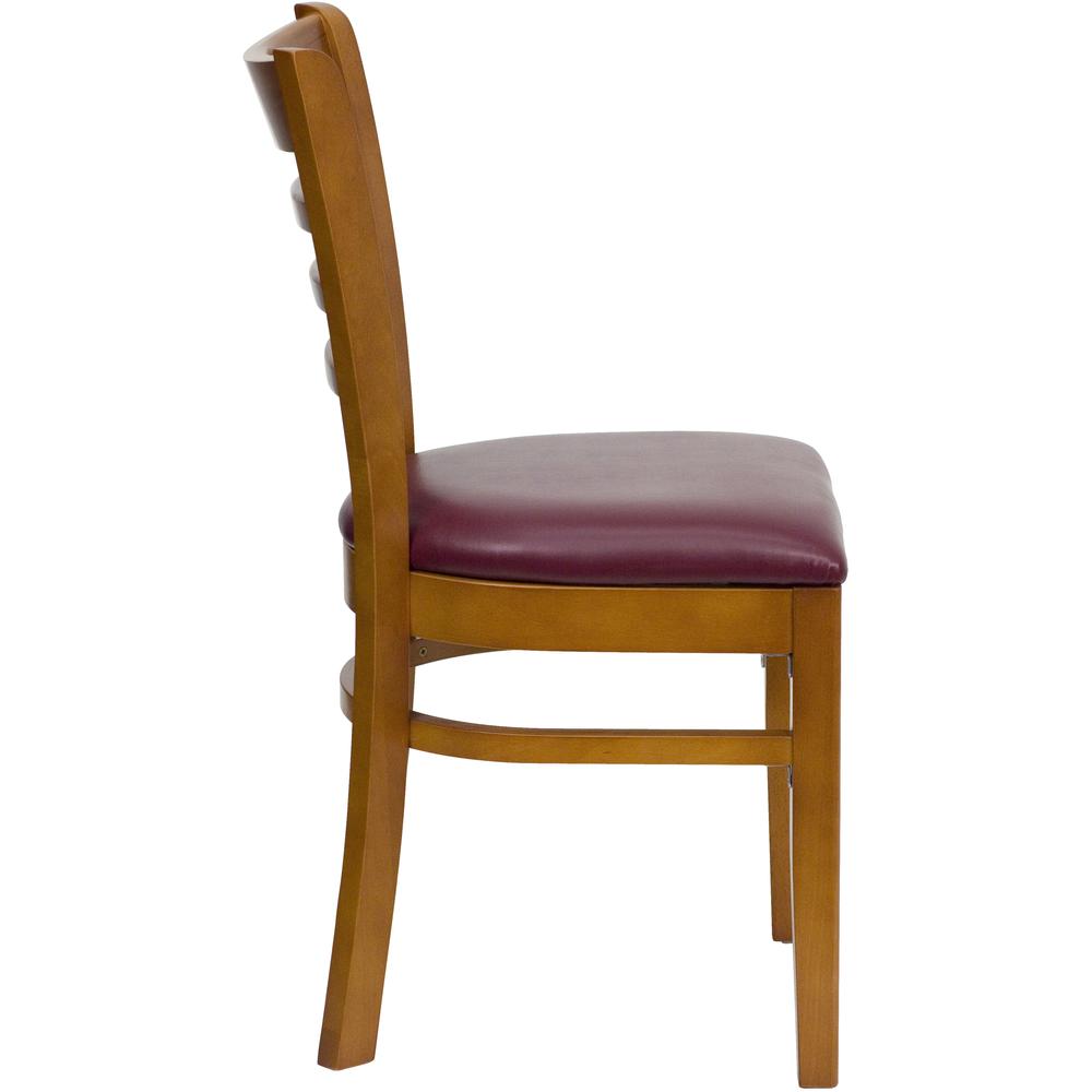 Ladder Back Cherry Wood Restaurant Chair - Burgundy Vinyl Seat. Picture 2