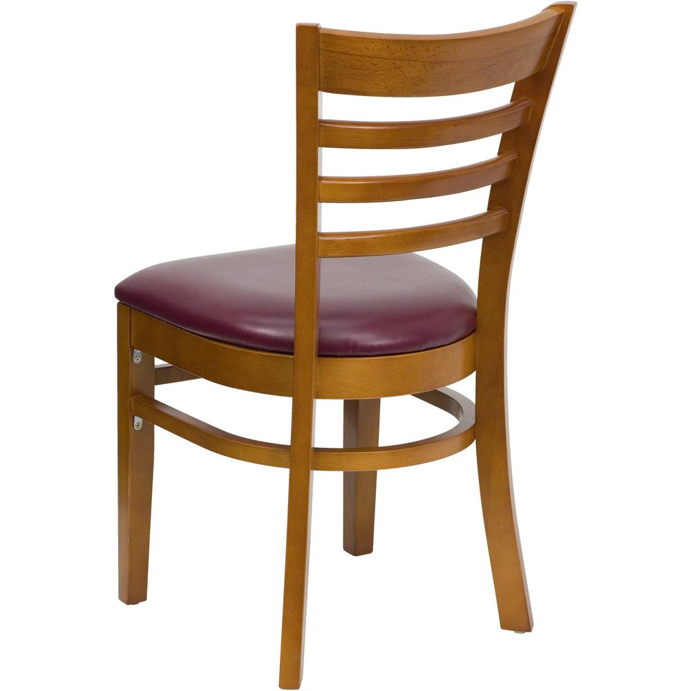 Ladder Back Cherry Wood Restaurant Chair - Burgundy Vinyl Seat. Picture 3